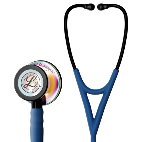 Littmann Cardiology IV stetoskop Marineblå satin slange med regnbuefarvet klokke i højglans og sorte stænger