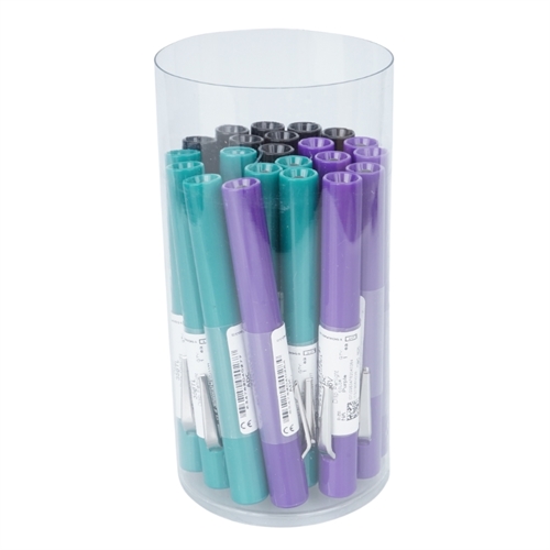 Pencillygte med engangsopladet batteri - 22 stk i cylinder - ADC grøn/lilla/sort