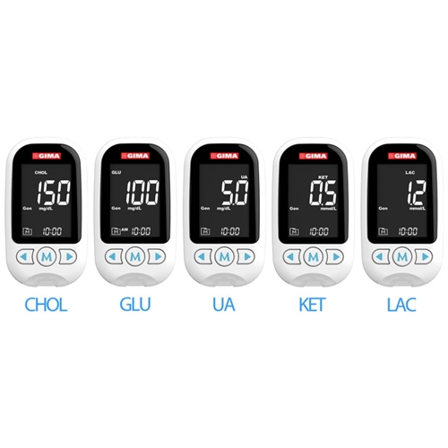 GIMACARE multi-parameter monitor til at overvåge glukose, ß-keton, laktat, total kolesterol, urinsyre og hæmoglobin.