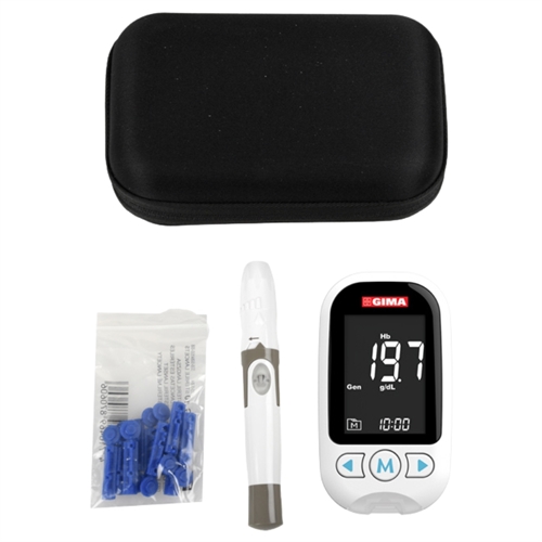 GIMACARE multi-parameter monitor, samt medfølgende 10 sterile lancetter og praktisk bæretaske.